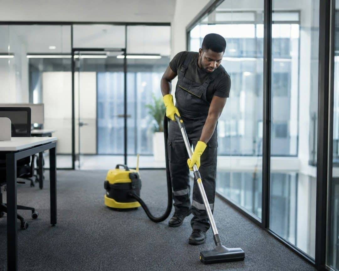 Agent en tenue passant l'aspirateur dans un open space de bureaux